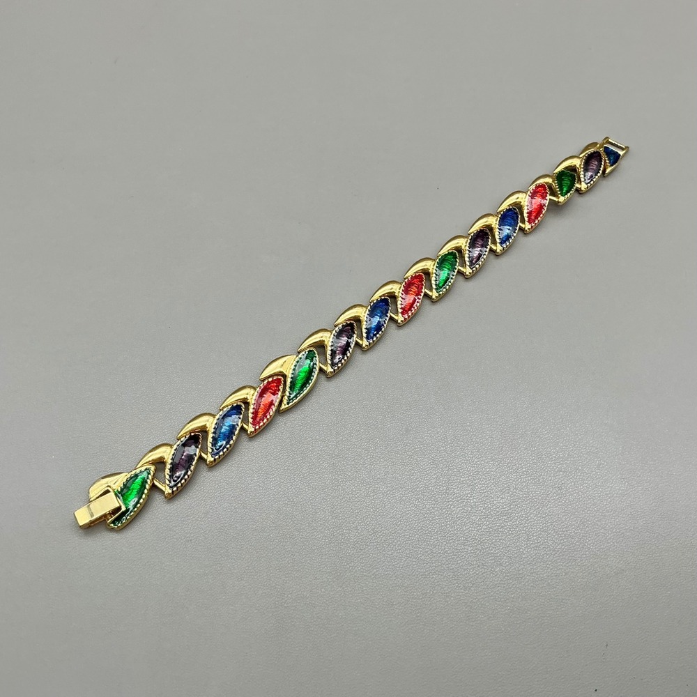Vintage Bracelet Women Multicolor Gold Tone Enamel Link Costume Fashion Jewelry